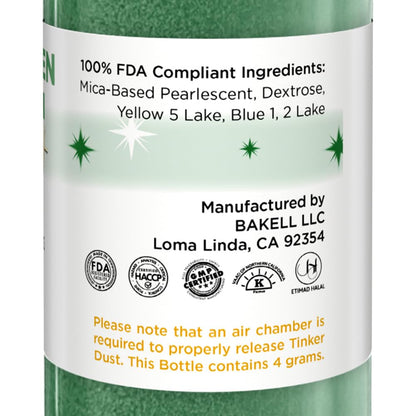 Bakell - Christmas Green Tinker Dust (4g, 1x Mini Spray Pump) Edible Glitter for Food, Desserts, and Beverages!