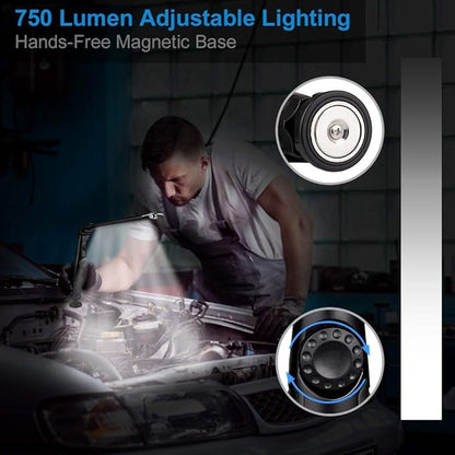 Rechargeable LED Work Light - 750 Lumens Foldable LED Flashlight Handheld Cordless Work Light with Magnetic Base, 360°Rotate, Power Indicator for Car Repair, Garage, Household, Outdoor