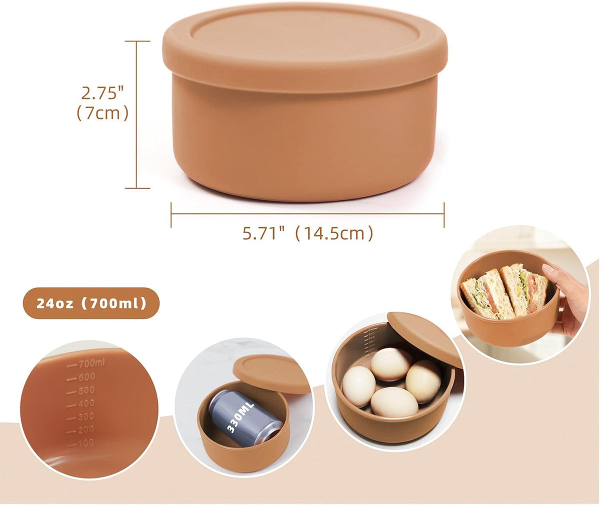 24 fl oz Adult Silicone Reusable Lunch Bento Bowl with Lid, Medium Airtight Food Storage Container for Cereal, Meal Prep &amp; Leftovers, BPA Free, Microwave Fridge Dishwasher Safe (Beige 1 Pack)