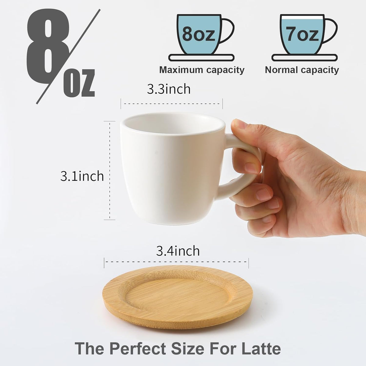 Hasense 8 oz Cappuccino Cups with Saucers set of 6, Porcelain Coffee Mugs Latte Mugs with Handle Perfect for Double Shot, Americano, Milk and Tea