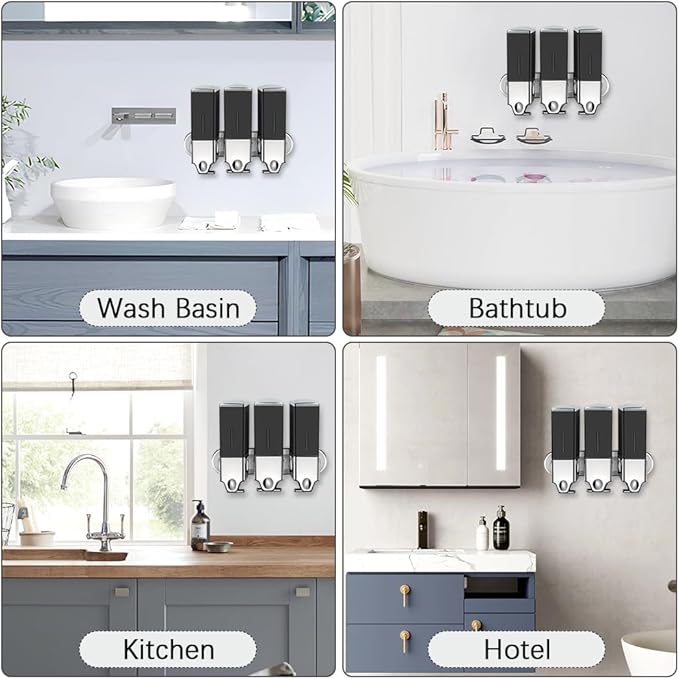 3 x 500ml per Cup Wall Mounted Manual Soap Dispenser for Home, Bath, Kitchen, Hotels, Restaurants. Shower and Lotion Dispenser (Black)