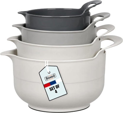 BoxedHome 4 Pack Nesting Mixing Bowl with Pour Spout and Handle, BPA free Microwave &amp; Dishwasher Safe(Grey, 4 Pack with Handle)