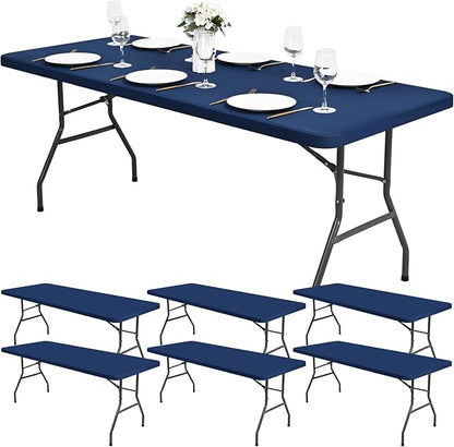 6 Pack Stretch Fabric Table Top Cap Cover, fits 8Ft Tables, Spandex Table Covers Washable Elastic Universal Rectangle Tablecloth Protector for Outdoor Party Picnic Wedding, Navy Blue, 30" W x 96" L