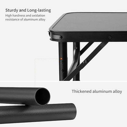 2FT Small Camping Portable Table, Black Aluminum Frame, Adjustable Height up to 21", Lightweight Carry Handle, Portable for Travel, Camping Outdoor Use