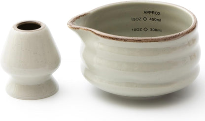 2pcs Matcha Bowl with Whisk Holder, Ceramic Grey Matcha Bowl with Spout, 16.5OZ Porcelain Bowl with Measurement Marks, Tea Mixing Bowl with Whisk Stand, Matcha Gift Set (grey)