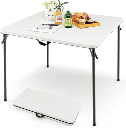 Goplus 34" Square Folding Card Table, Portable Plastic Utility Folding Tables with Collapsible Legs & Carrying Handle, Indoor Outdoor for Picnic, Party, Dining, Camping, BBQ, White