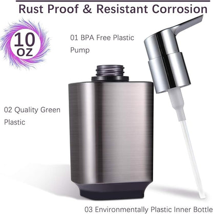 Boperzi 2 Pack Soap Dispenser Rust Proof Refillable Liquid Hand & Dish Soap Dispenser Set Leak Proof Plastic Chorme Pump for Kitchen Bathroom, 10oz