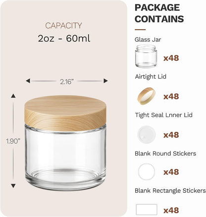 2 oz Glass Jars with Plastic Woodgrain Lids, Bumobum 48 pack Round Clear Cream Jars with Black and White Labels & Inner Liners