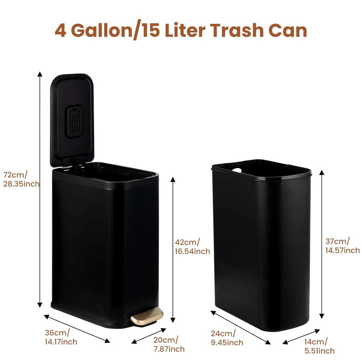 BETHEBEST Bathroom Trash Can with Lid Soft Close,Stainless Steel Step Trash Can with Removable Inner Wastebasket,Black Garbage Can for Bathroom,Bedroom,Kitchen(15 Liter/4 Gallon)