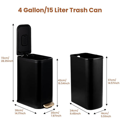 BETHEBEST Bathroom Trash Can with Lid Soft Close,Stainless Steel Step Trash Can with Removable Inner Wastebasket,Black Garbage Can for Bathroom,Bedroom,Kitchen(15 Liter/4 Gallon)