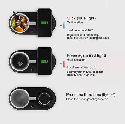 Coffee Mug Warmer, Drink Cooler with Wireless Charger, Smart Cup Warming, Beverage Cooling and Phone Charging 3 in 1 for Desk Office Gift