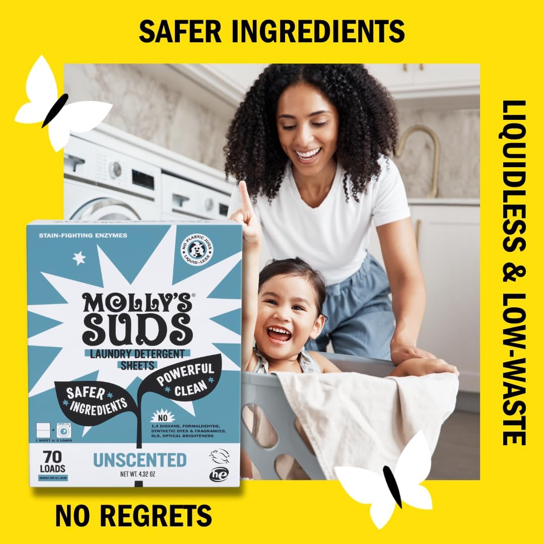 Molly’s Suds Laundry Detergent Sheets | Gentle on Sensitive Skin, Powerful Bio-Based Enzymes, Stain-Fighting | Liquidless & Plastic-Free Packaging | 70 Loads (Unscented)