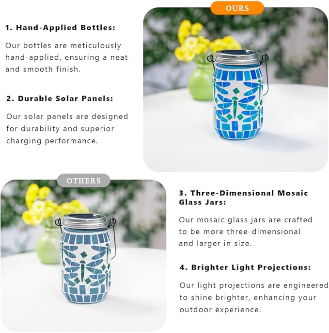Starsoul Solar Hanging Lanterns Outdoor Waterproof, Mosaic Dragonfly Decor Glass Solar Outdoor Lights, Decorative Solar Lantern for Outside Pathway Patio Porch Yard Decor