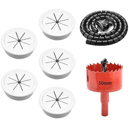 Surf turtle 5 Pack 2 Inch White Desk Grommets, Flexible Cable Cord Hole Cover with Bi-Metal Hole Saw Kit, 2m Cable Sleeve and Coiled Cord Wrap for Desk Wire Management