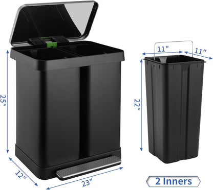 16 Gallon Dual Compartment Trash Can, Hands-Free Recycling Rectangular Garbage Bin, Stainless Steel Step-On Dustbin with Soft-Close Lid, Removable Inner Buckets, for Kitchen Home