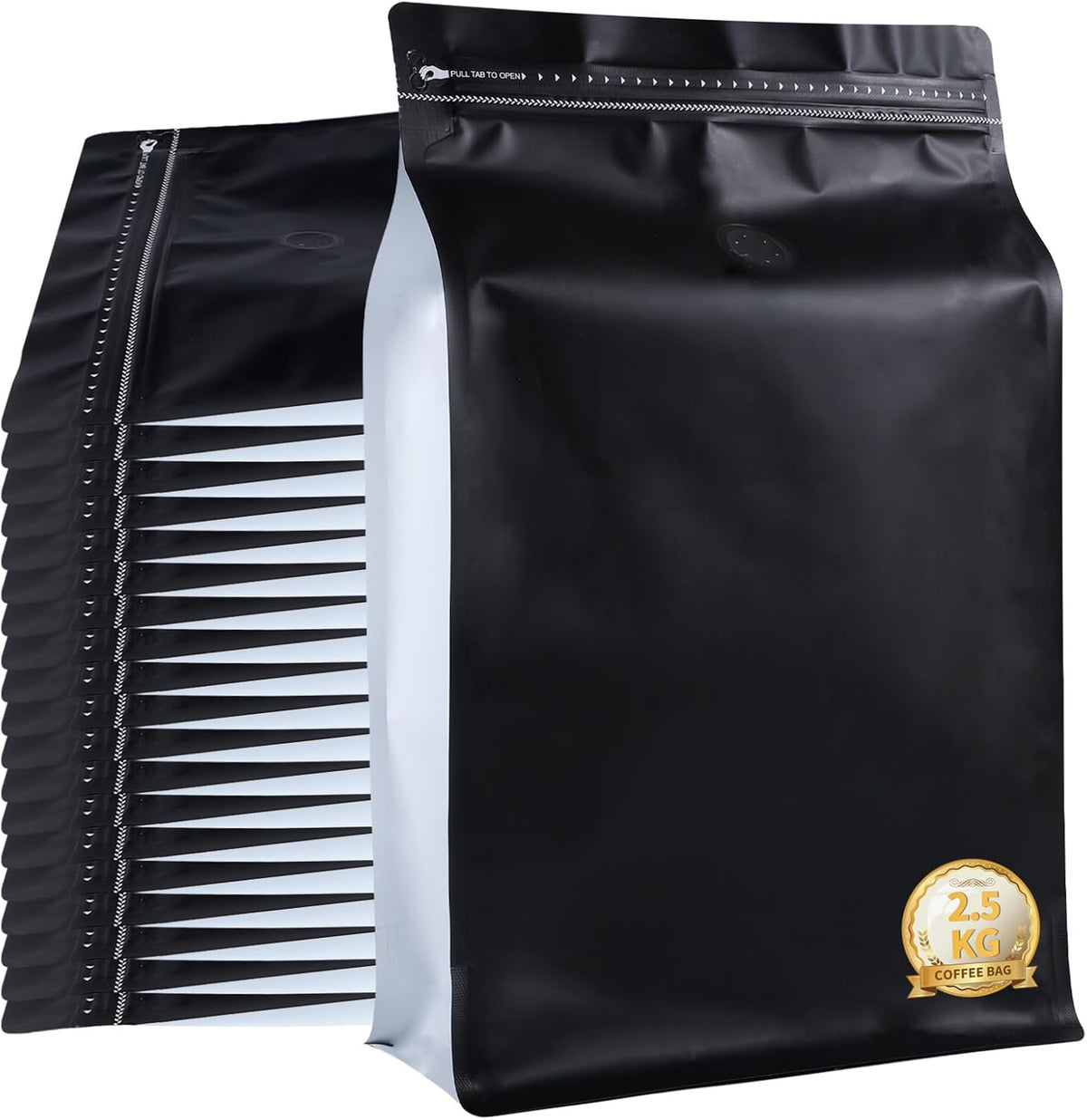 New 2.5 KG Large Capacity Coffee Bags with Valve (50 PCS) Black Sides White High Barrier Aluminum Foil Flat Bottom Standing Coffee Beans Storage