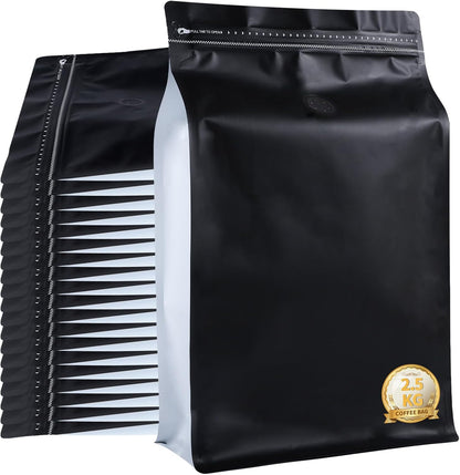 New 2.5 KG Large Capacity Coffee Bags with Valve (50 PCS) Black Sides White High Barrier Aluminum Foil Flat Bottom Standing Coffee Beans Storage