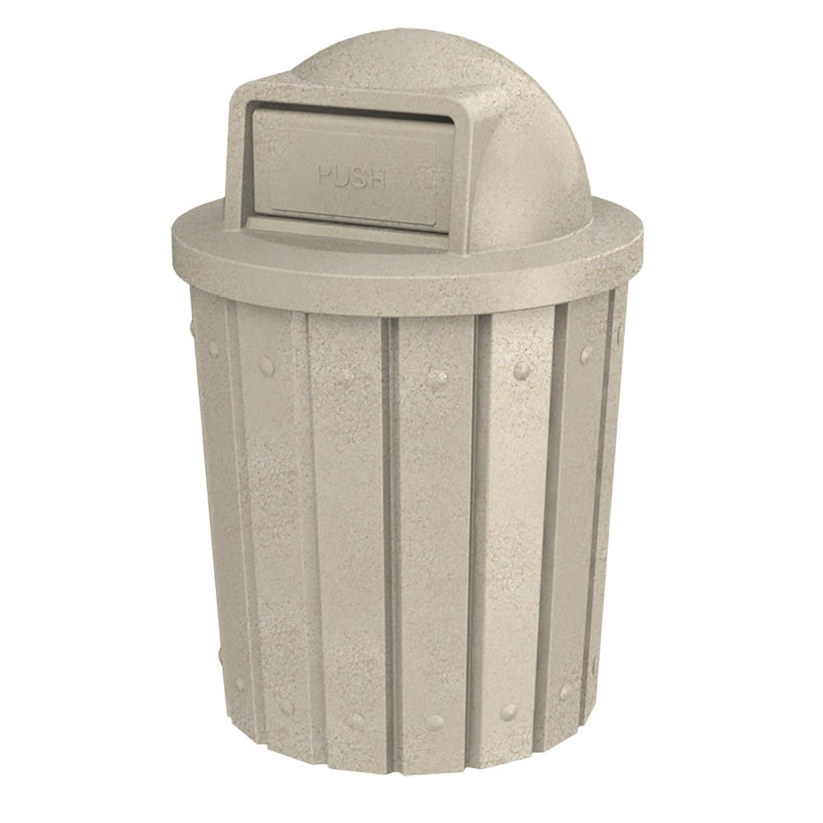 42 Gallon Slated Circle 100% Recycled Plastic Commercial Outdoor or Indoor Trash Can with Push Open Dome Lid and Internal Liner | Great for Schools and Businesses - Beige Granite