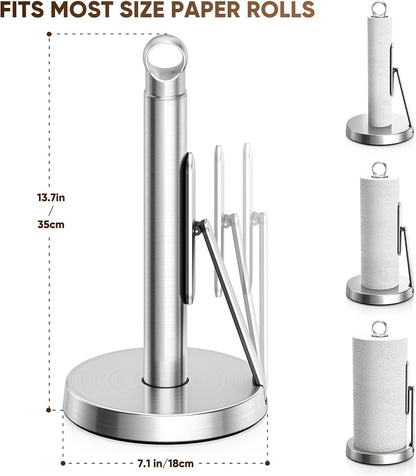 theaoo Heavy-Duty Stainless Steel Paper Towel Holder with Tension Arm – Easy One-Handed Tear, Modern Standing Countertop Dispenser for Kitchen, Holds All Paper Towel Rolls (1, Silver)