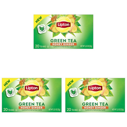 Lipton Honey Ginger Green Tea Bags, Flavored, Unsweetened Teabags for Hot Tea or Iced Tea with Caffeine and Flavonoids, 20 Total Tea Bags (Pack of 3)