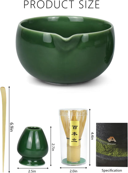 Artcome Premium Matcha Tea Set - 18.6oz Ceramic Bowl with Spout, Bamboo Whisk, Scoop, Whisk Holder & Brewing Guide - Perfect for Traditional Japanese Tea Ceremony