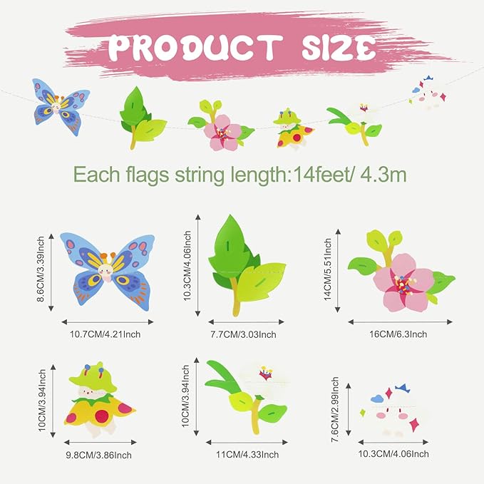 2PCS Flower Butterfly Banner, Floral Butterflies Party Decorations, Reusable Paper Fairy Wildflower Garland for Birthday Baby Shower Wedding Backdrop Tea Party Supplies Home Decor