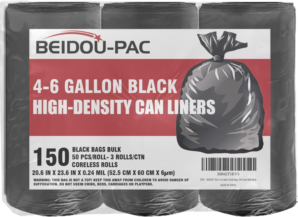 4-6 Gallon Trash Bags, 150 Count Black Garbage bags, Multi-purpose Trash Can Bin Liners for Bathroom, Office, Industrial, Commercial, Janitorial, Municipal, Recycling