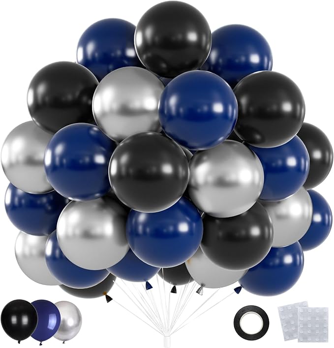 60pcs Blue Silver Balloons, 12inch Navy Blue, Black, Metallic Silver Party Balloons for Graduation 2026, Father's Day, Men's Birthday, Sports Party Decorations
