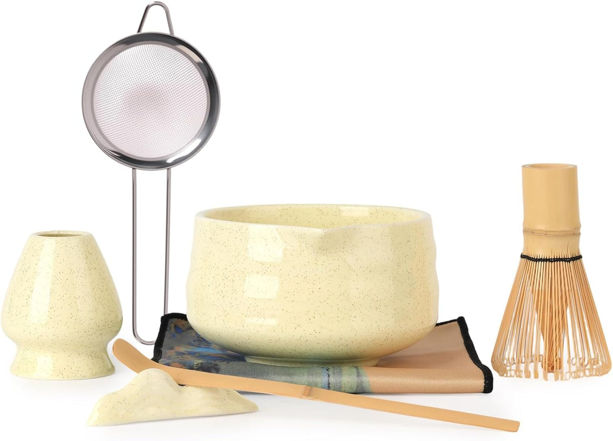 Japanese Matcha Whisk Set - 7-Piece Kit Bamboo Chasen, Ceramic Bowl with Spout, Stainless Steel Sifter & Holder Yellow