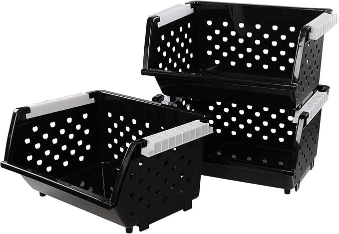 Vababa 3-Pack Plastic Stacking Storage Basket, Stackable Bin Organizer, Black