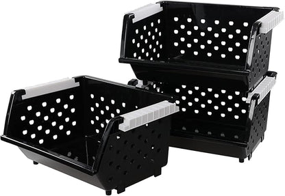 Vababa 3-Pack Plastic Stacking Storage Basket, Stackable Bin Organizer, Black