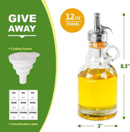 Olive Oil Dispenser Bottle,Glass Oil Dispenser with Stainless Steel Spouts,Oil Bottles for Kitchen, Dispenser Bottle with Drip Free Spouts (2pcs) 12 oz