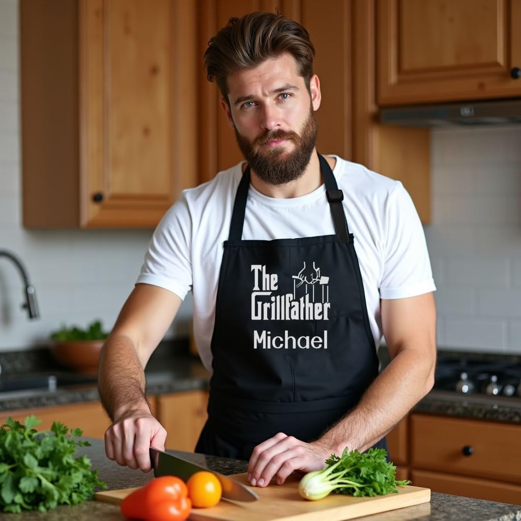 Personalized Chef Apron for Men, Custom Embroidered Design, Professional Kitchen Cooking BBQ Grilling for Dad, Decorated in USA