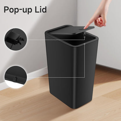 TIPGO Bathroom Trash Can with Lid, 4 Gallon / 15 Liter Small Garbage Can, Press Top Bin, Plastic Wastebasket with Pop-Up Lid for Bedroom, Living Room, Office (Black, 2 Pack)