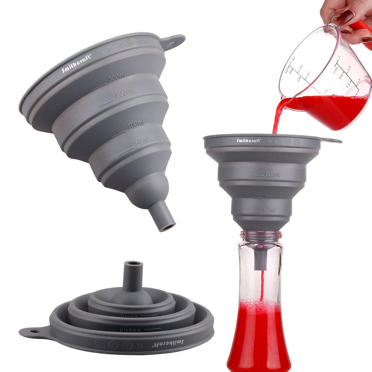 Smithcraft Funnel Set 4, Silicone Funnels for Kitchen, Collapsible Funnels for Water Bottle, Liquid Transfer Folding Camping Funnel with Narrow and Wide Mouth