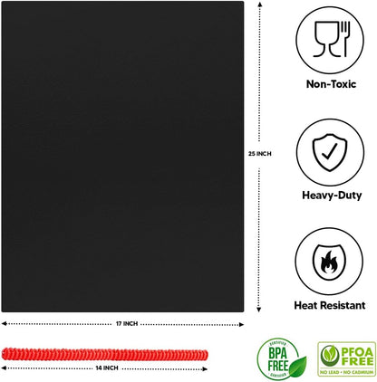 Oven Liners for Bottom of Oven Black (4-pack) Bundled with Range Rack Shield (4-pack) - Large Mat for Bottom of Range (17"x 25") and 14" Red Stove Guards for Racks - Reusable & Heat Resistant