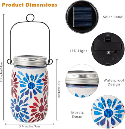 Starsoul 4 Pack Solar Lanterns Outdoor Waterproof, Mosaic Flowers Glass Solar Hanging Outdoor Lights, Decorative Solar Lantern for Outside Pathway Patio Porch Yard Decor