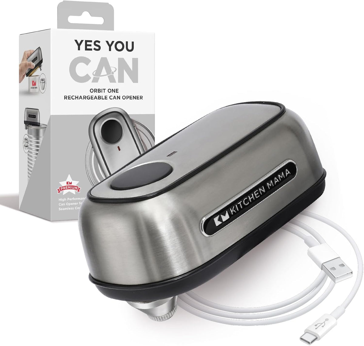 Kitchen Mama Orbit One Stainless Steel Rechargeable Electric Can Opener: Hands-free, USB-C Charging, Automatic Stop, Smooth Edge, Safety