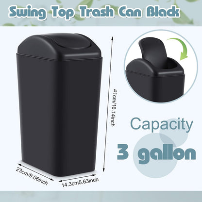 Hoolerry 6 Pcs 3 Gallon/12 Liter Small Trash Can Plastic Kitchen Garbage with Lid Small Trash Bin for Bathroom Office Bedroom Kitchen Waste Outdoor (Black)