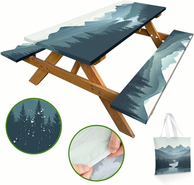 Mountain Landscape Picnic Table Cover with Bench Covers and Carrying Bag, Green Nature Forest Woodland Outdoor Camping Essentials 6FT 4PCS Fitted Rectangle RV Must Haves Tablecloth