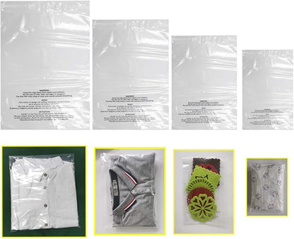 400 Count Combo Pack Warning Bags - 6x9, 8x10, 9x12, 11x14 Inch Self Seal Clear Poly Bags with Suffocation Warning with Permanent Adhesive, Strong Adhesive, Not Resealable (1.5mil)