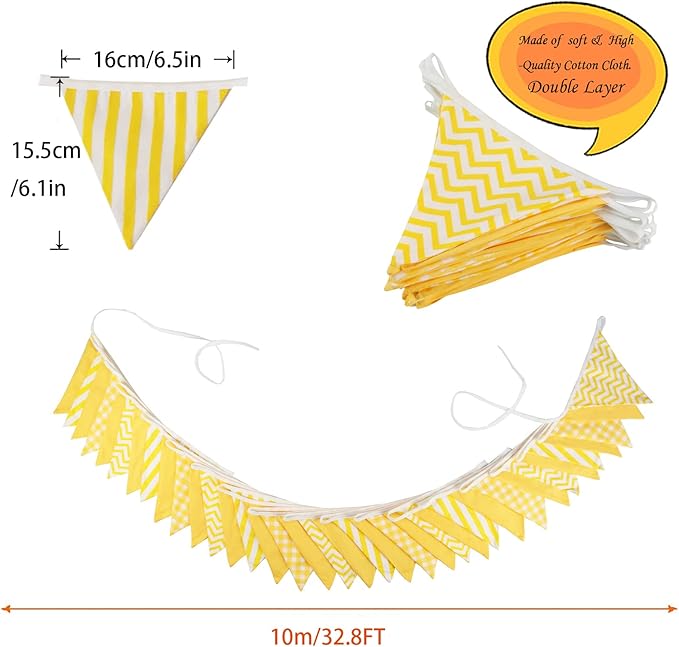 Zwiebeco 32Ft Yellow White Plaid Stripe Wavy Fabric Bunting Banner Triangle Flags Cotton Garland Pennant for Birthday Wedding Baby Shower Tea Party Classroom Nursery Home Outdoor Garden Decorations