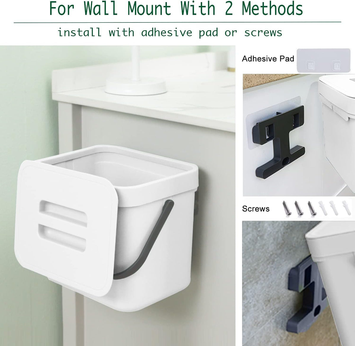 LALASTAR Trash Can with Lid, Wall-Mounted Under Sink Small Garbage Can for Kitchen, Bathroom, Hanging Plastic Trash Can, 1.8 Gallon, White