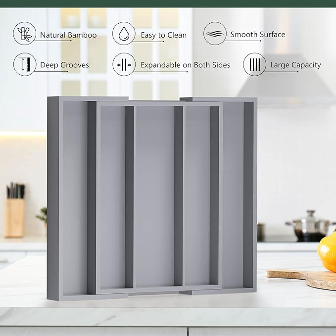 Large Kitchen Utensil Drawer Organizer - Expandable 5 Slots Cooking Utensil Organizer Multipurpose Silverware Organizer for Storage Repair Tools, Painting Tools W13.7"-19.9" x L17.6" X H2.5" (Grey)