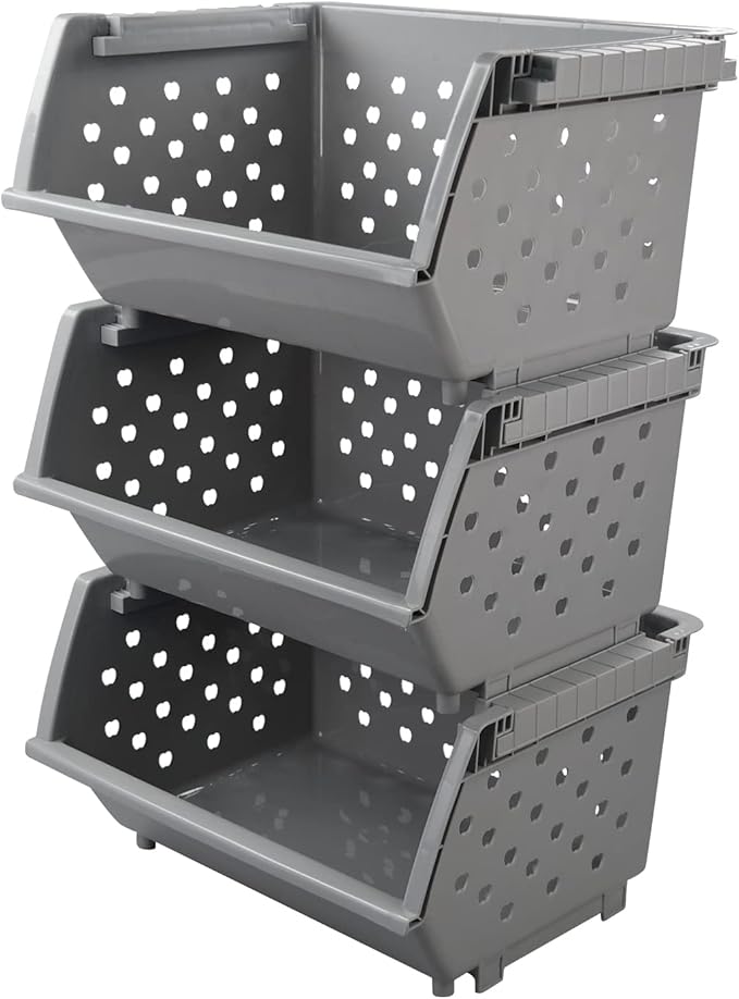 3-pack Stackable Storage Baskets, Plastic Stacking Organizer Bins