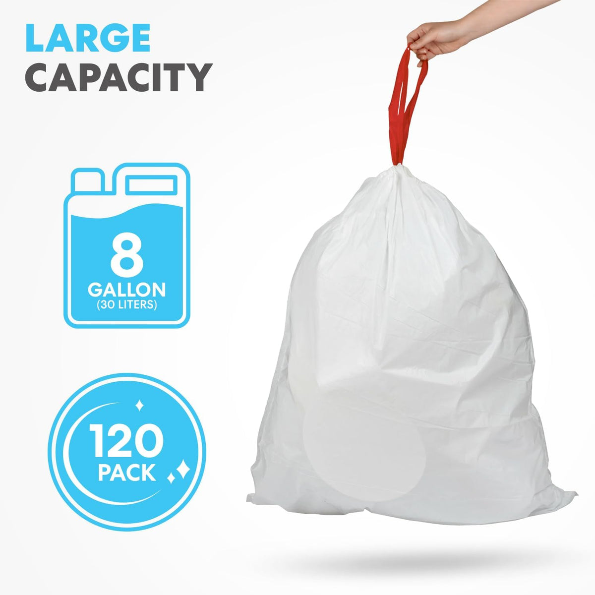 SIMPLI-MAGIC 8 Gallon Drawstring Trash Bags, 120 Pack – Tall Kitchen Garbage Bags, Custom Made with Premium Materials (White)