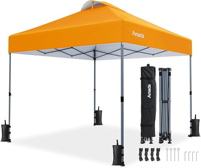 Amada 10x10 Pop Up Canopy - Center Lock One Push Instant Setup Wheeled Gazebo Outdoor Canopy Beach Tent with STO-N-Go Bag 8 Stakes & 4 Sand Bags, 3-Height Adjustable Shade Shelter (10x10ft, Orange)