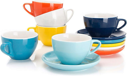 Sweese 6 Ounce Cappuccino Cups with Saucers, Porcelain Double Espresso Cups Set of 6 - Hot Assorted Colors