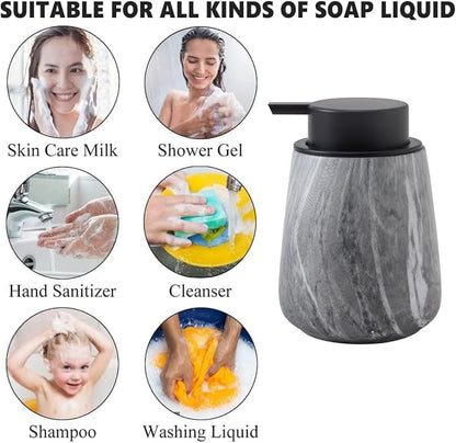 12Oz Ceramic Liquid Soap Dispenser - Modern Lotion Hand Soap Dispenser with Easy-to-Press Black Pump, Reusable and Refillable Dish Soap Dispensers for Bathroom & Kitchen, Marble Grey