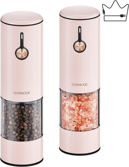 Electric Pepper Grinder and Salt Mill Set - Large Capacity USB Rechargeable Automatic Grinder with Dual LED Lights, One-Handed Operation & Slide Cover - Brushed Stainless Steel